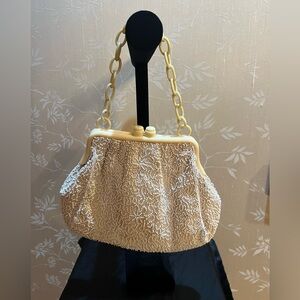 Charley Vintage White Beaded Handbag with Lucite Link Chain and Hardware